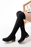 Streç Siyah Süet Diz Üstü Fermuarlı Günlük Kadın Çizme-165Kadın çizme