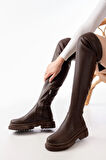 Kahverengi Fermuarlı Diz Üstü Bağcıklı Çorap Günlük Kadın812-219Kadın çizme