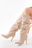 SYT-2003 Bej Süet Körüklü İnce Topuklu Günlük Kadın Çizme