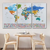 Harita Sepeti Dünya Haritası Ülke Bayraklı ve Dekoratif Kanvas Tablo 2413