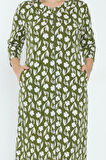 Kadın Yeşil Desenli Truvakar Kollu Büyük Beden Pamuklu Fermuarlı Elbise
