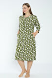 Kadın Yeşil Desenli Truvakar Kollu Büyük Beden Pamuklu Fermuarlı Elbise