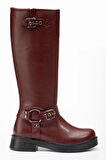 Kadın Çizme02-312 Bordo Toka Aksesuarlı Fermuarlı Günlük Kadın Çizme