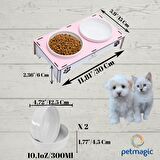 Petmagic Ahşap, Beyaz Seramik Kaseli Kedi, Mini Irk Köpek Mama Kabı, Pembe
