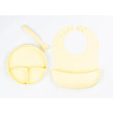 Sarı 3 lü Silikon Yemek Seti - Önlük + Diş Kaşıyıcılı Kaşık + Vakumlu Tabak