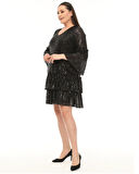 Abiye Elbise Büyük Beden Fırfır Detaylı Payet Abiye Elbise Siyah