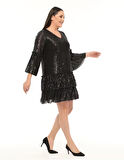 Abiye Elbise Büyük Beden Fırfır Detaylı Payet Abiye Elbise Siyah
