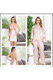 Kadın Ekru Saten Gecelik Sabahlık Pijama Takım Şort Takım 6'lı Set J.ER.3.R.O.Z6.0.E.L.T.