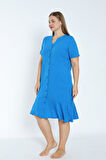 Kadın Büyük Beden Boydan Düğmeli Kısa Kollu Fırfırlı Pamuklu Elbise