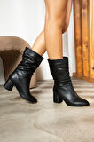 Günlük Kadın Dizaltı Çizme Körüklü Kalın Yüksek Topuklu Fermuarsız Tay Tüylü Astar Bot Bootie 2430