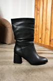 Günlük Kadın Dizaltı Çizme Körüklü Kalın Yüksek Topuklu Fermuarsız Tay Tüylü Astar Bot Bootie 2430