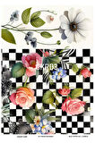 Çiçek ve Kareli Seri CKRD3 Siyah, Beyaz, Kareli ve Çiçek Desenli 30*42 cm Pirinç Dekopaj