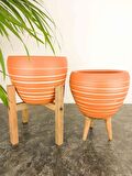 Ev Dekorasyon Yan Çizgi Desenli Terrakota Toprak Saksı Saksılık Salon Çiçeklik İkili Set 3 Ayaklı- 4 Ayaklı- 15 Cm