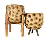 Bitki Tasarımı Ev Dekorasyon Aksesuar Naturel Desenli Toprak Saksı Saksılık Salon Çiçeklik İkili Set 4 Ayaklı - 3 Ayaklı 19 CM