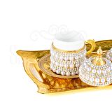 İncili ve Swarovski Taşlı Kahve Fincanı Takımı 2'lı Sarmaşık Altın