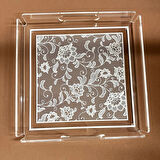 Dantel Karanfil Desenli Pleksi Şeffaf Kahve Çay Sunum Servis Tepsisi 25cmx25cm