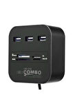 Hadron HDX7006-S USB-A 2.0 - 3xUSB 2.0 Hub + MS/SD/M2/TF Kart Okuyuculu USB Çoklayıcı - Siyah