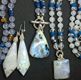 2449 Ay taşı Kehribar Kuvars Hematit el yapımı düğümlü kolye