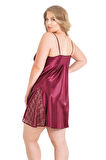 Büyük Beden Bordo Kısa Saten Gecelik