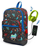 Coral High Gri Uzay Desenli Usb Şarjlı Kulaklık Çıkışlı Okul Sırt Çantası 23279