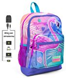 Coral High Pembe Flamingo Baskılı Okul Çantası ve Beslenme Çantası Seti - Kız Çocuk - USB Soketli