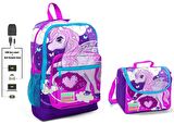 Coral High Mavi Unicorn Baskılı Okul Çantası ve Beslenme Çantası Seti - Kız Çocuk - USB Soketli