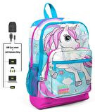 Coral High Mavi Unicorn Baskılı Okul Çantası ve Beslenme Çantası Seti - Kız Çocuk - USB Soketli