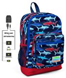 Coral High Mavi Köpekbalığı Baskılı Okul Çantası ve Beslenme Çantası Seti - Erkek Çocuk - USB Soketli