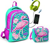 Coral High Pembe Flamingo Okul ve Beslenme Çantası - Kız Çocuk  - USB Soketli