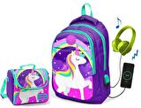 Coral High Kids Mor Unicorn Okul ve Beslenme Çantası - Kız Çocuk  - USB Soketli
