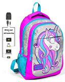 Coral High Kız Çocuk Pembe Unicorn 3'lü Çanta Takımı - USB Soketli