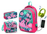 Coral High Kız Çocuk Narçiçeği Flamingo 3'lü Çanta Takımı - USB Soketli