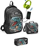 Coral High Erkek Çocuk Dinazor Desenli 3'lü Çanta Takımı - USB Soketli