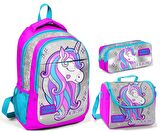 Coral High Pembe Gri Unicorn Kız Çocuk İlkokul Çanta Seti - Sırt Çantası+Beslenme+Kalemlik