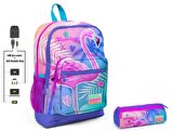 Coral High Pembe Flamingo Baskılı İlkokul Sırt Çantası ve Kalemlik Seti - Kız Çocuk - USB Soketli