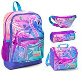 Coral High Flamingo Baskılı Kız Çocuk 4'lü İlkokul Çanta Seti
