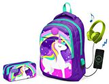 Coral High Kids Mor Unicorn Kız Çocuk İlkokul Çantası ve Kalemlik Seti - USB Soketli