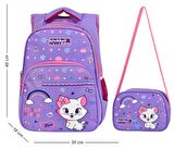 WaddellBag Kız Çocuk Mor Little Kitty İlkokul Sırt Çantası Tatlı Kedi Okul Çantası