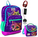 Coral High Mor Kedi Okul ve Beslenme Çantası Seti - Usb Soketli - Kız Çocuk