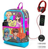 Coral High Mavi Pembe Anime USB Soketli Üçlü İlkokul Çanta Seti - Kız Çocuk