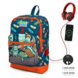 Coral High Okul Çantası ve Termal Beslenme Çanta Seti - Erkek Çocuk Çivit Turuncu Kaykay USB ve AUX Çıkışlı