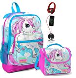 Coral High Okul Çantası ve Beslenme Çantası Seti - Kız Çocuk Mavi Unicorn- USB Soketli