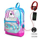 Coral High Okul Çantası ve Beslenme Çantası Seti - Kız Çocuk Mavi Unicorn- USB Soketli