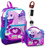 Coral High Okul Çantası ve Termal Beslenme Çanta Seti - Kız Çocuk Mavi Mor Unicorn USB ve AUX Çıkışlı