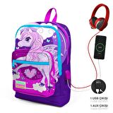 Coral High Okul Çantası ve Termal Beslenme Çanta Seti - Kız Çocuk Mavi Mor Unicorn USB ve AUX Çıkışlı