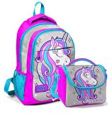 Coral High Okul Sırt Çantası ve Beslenme Çantası Kız Çocuk Gri Unicorn