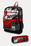 Coral High Kids Siyah Kırmızı Anime Araba Desenli 2'li Okul Çanta Seti - Erkek Çocuk