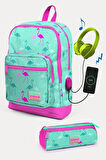 Coral High Kids Su Yeşili Neon Pembe Flamingo Desenli USB'li 2'li Okul Çanta Seti - Kız Çocuk