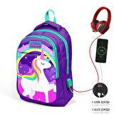 Coral High Okul Sırt Çantası ve Beslenme Çantası Seti - Kız Çocuk Mor Unicorn - USB Soketli