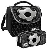 Coral High Siyah Futbol Desenli Erkek Çocuk Isı Yalıtımlı Beslenme Çantası ve Kalemlik Seti